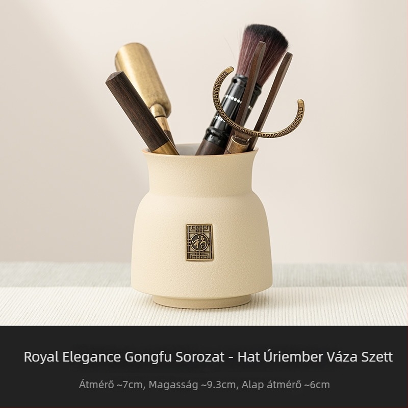 Beige Gongfu tea ceremóniás készlet: hat darabos tea ceremóniás kiegészítők, teáskés, teás csipesz, ecset és egyéb eszközök a tea elkészítéséhez