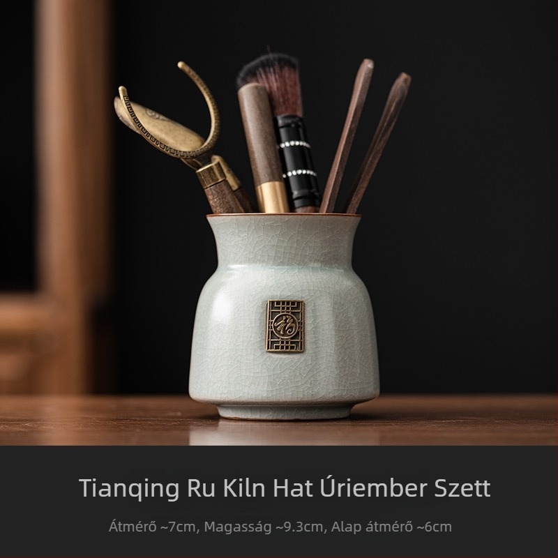 Beige Gongfu tea ceremóniás készlet: hat darabos tea ceremóniás kiegészítők, teáskés, teás csipesz, ecset és egyéb eszközök a tea elkészítéséhez