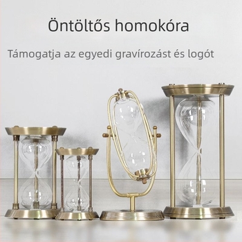 Bronzszínű háromoszlopos homokóra, kézzel készített boroszilikát üvegből, dekoratív kiegészítő hálószobába vagy dolgozószobába gravírozott logóval