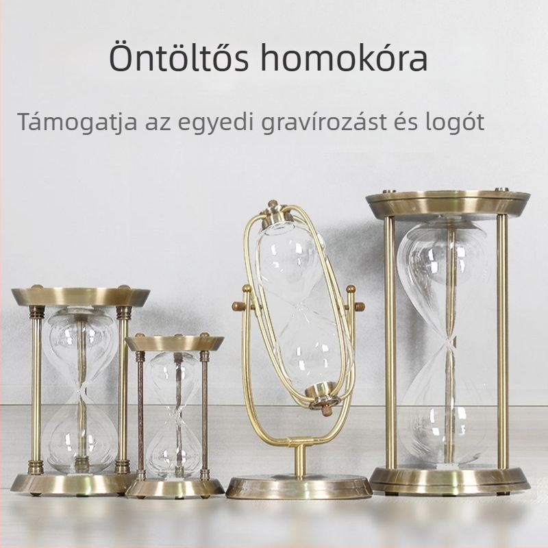Bronzszínű háromoszlopos homokóra, kézzel készített boroszilikát üvegből, dekoratív kiegészítő hálószobába vagy dolgozószobába gravírozott logóval