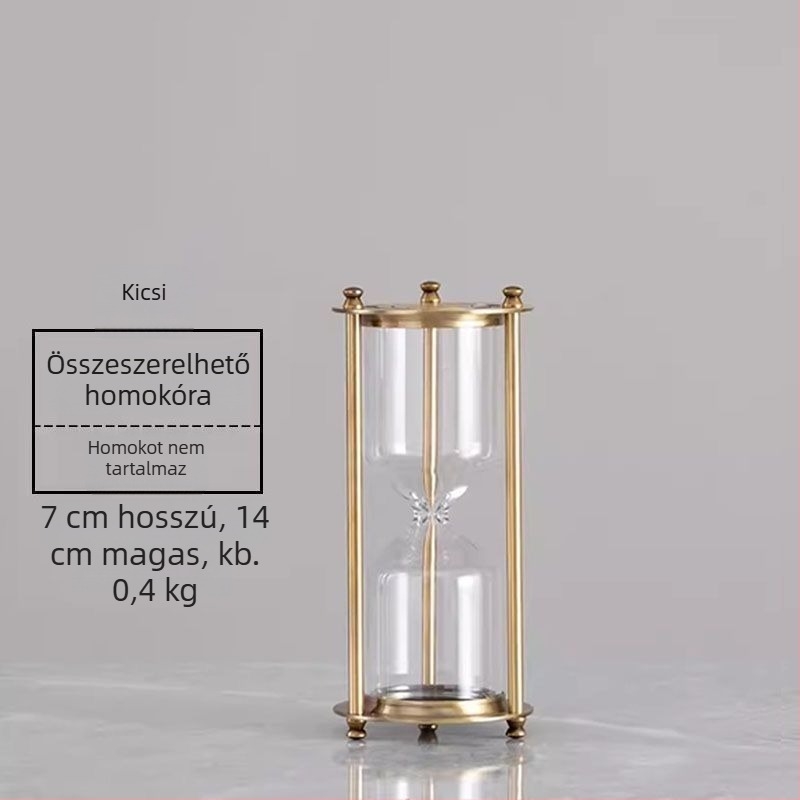 Bronzszínű háromoszlopos homokóra, kézzel készített boroszilikát üvegből, dekoratív kiegészítő hálószobába vagy dolgozószobába gravírozott logóval