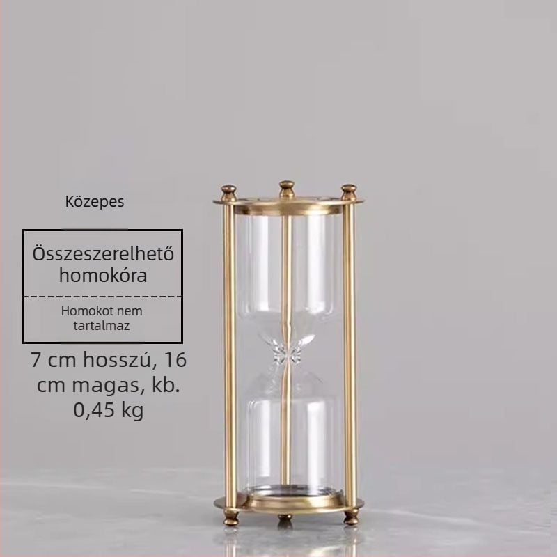 Bronzszínű háromoszlopos homokóra, kézzel készített boroszilikát üvegből, dekoratív kiegészítő hálószobába vagy dolgozószobába gravírozott logóval