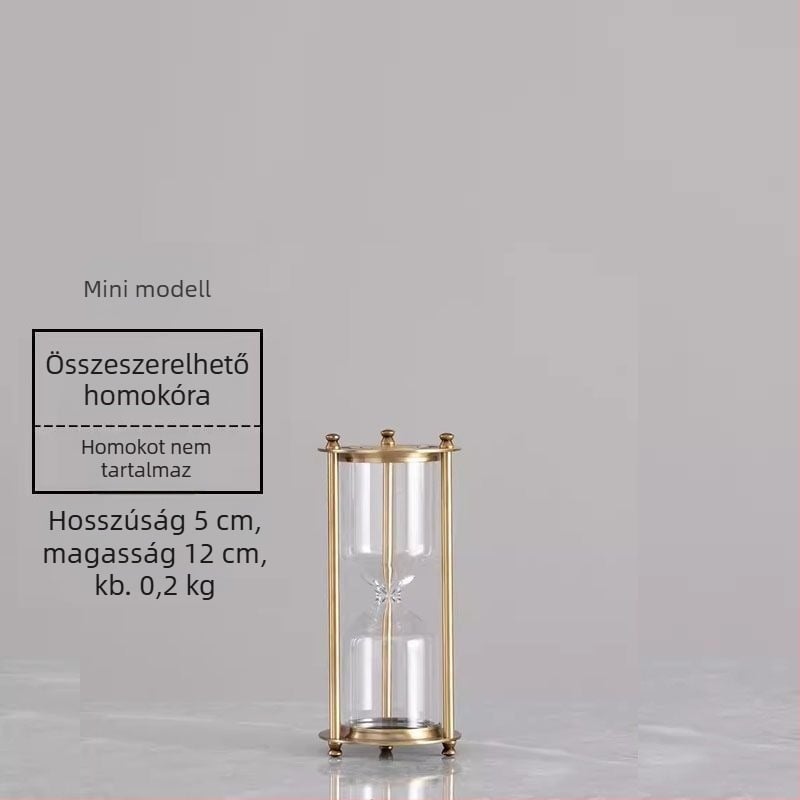 Bronzszínű háromoszlopos homokóra, kézzel készített boroszilikát üvegből, dekoratív kiegészítő hálószobába vagy dolgozószobába gravírozott logóval