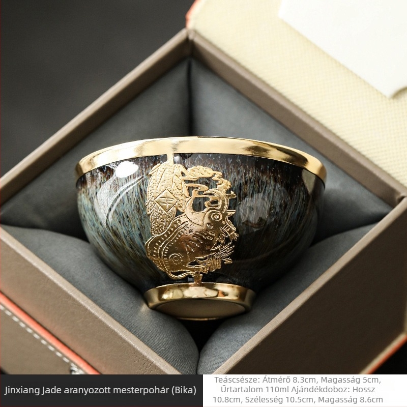Aranyozott jáde porcelán teáscsésze tizenkét állat motívummal, egyedi darab