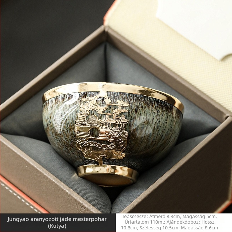 Aranyozott jáde porcelán teáscsésze tizenkét állat motívummal, egyedi darab