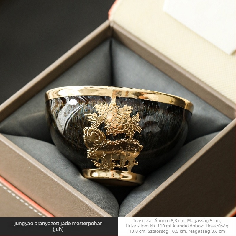 Aranyozott jáde porcelán teáscsésze tizenkét állat motívummal, egyedi darab