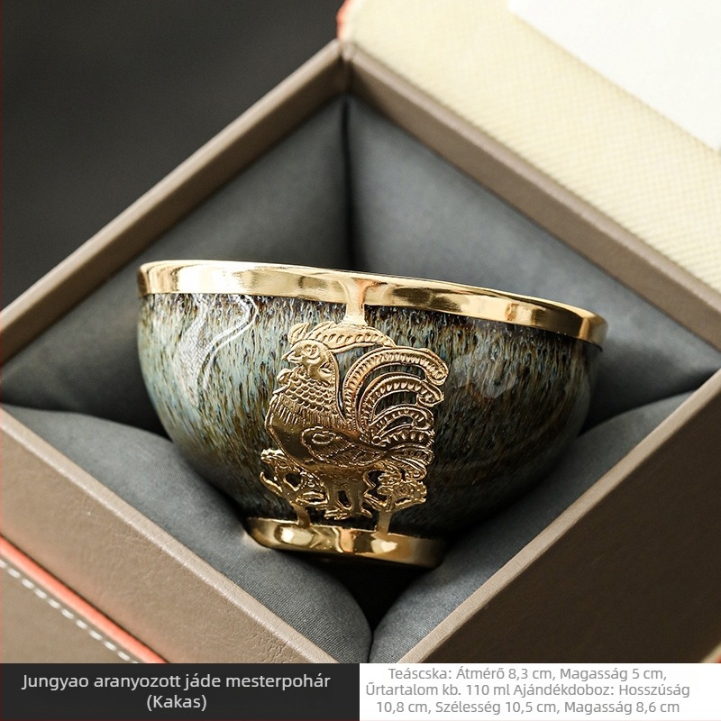 Aranyozott jáde porcelán teáscsésze tizenkét állat motívummal, egyedi darab