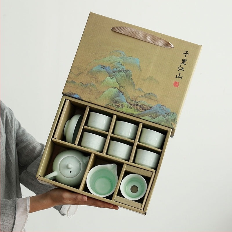 Ge Yao teás készlet – porcelán teáskanna és teás poharak Kung Fu stílusban, elegáns ajándékdoboza