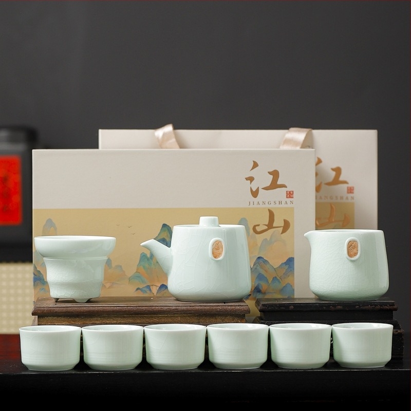 Ge Yao teás készlet – porcelán teáskanna és teás poharak Kung Fu stílusban, elegáns ajándékdoboza