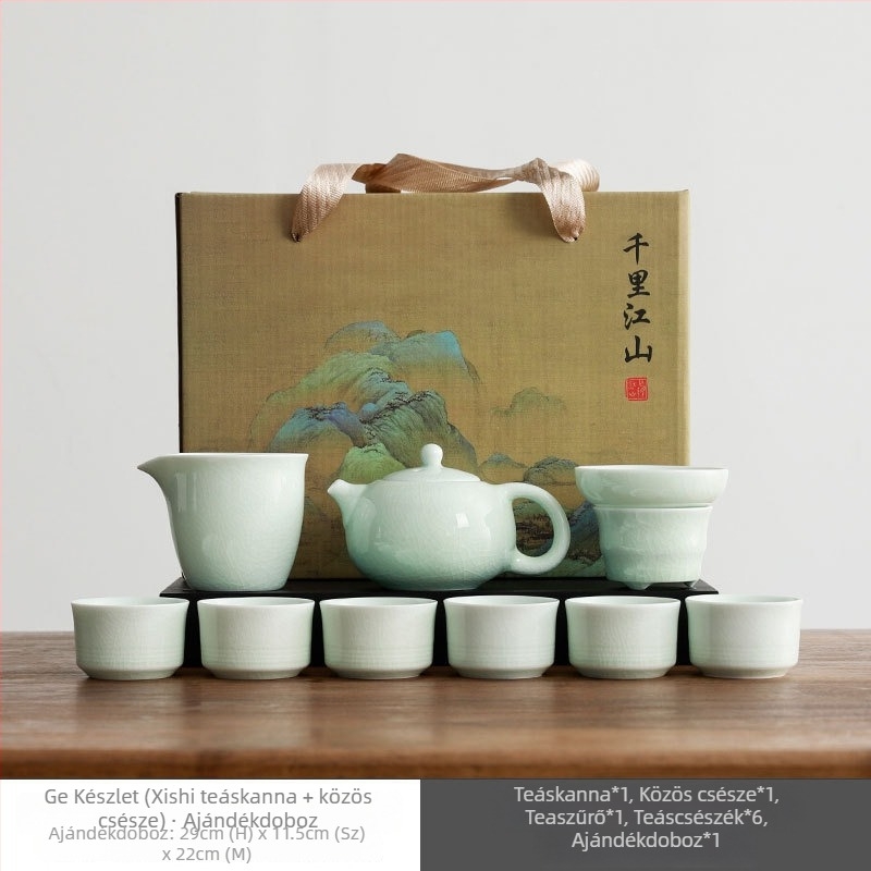 Ge Yao teás készlet – porcelán teáskanna és teás poharak Kung Fu stílusban, elegáns ajándékdoboza
