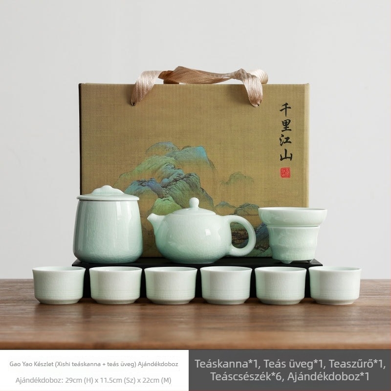 Ge Yao teás készlet – porcelán teáskanna és teás poharak Kung Fu stílusban, elegáns ajándékdoboza
