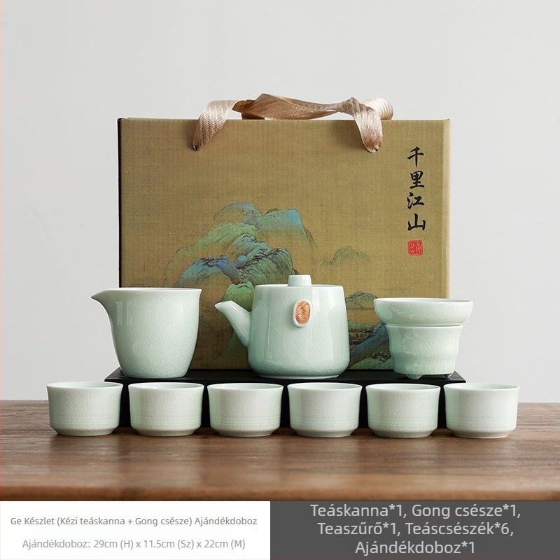 Ge Yao teás készlet – porcelán teáskanna és teás poharak Kung Fu stílusban, elegáns ajándékdoboza