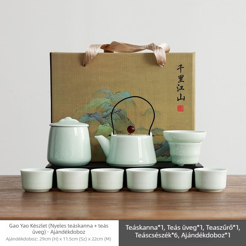 Ge Yao teás készlet – porcelán teáskanna és teás poharak Kung Fu stílusban, elegáns ajándékdoboza