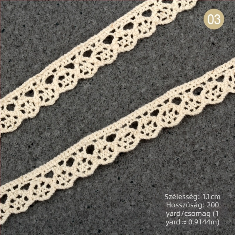 Természetes bézs pamut fonal csipke szalag, etno stílus, szélesség 1,5–2,5 cm és 3 cm