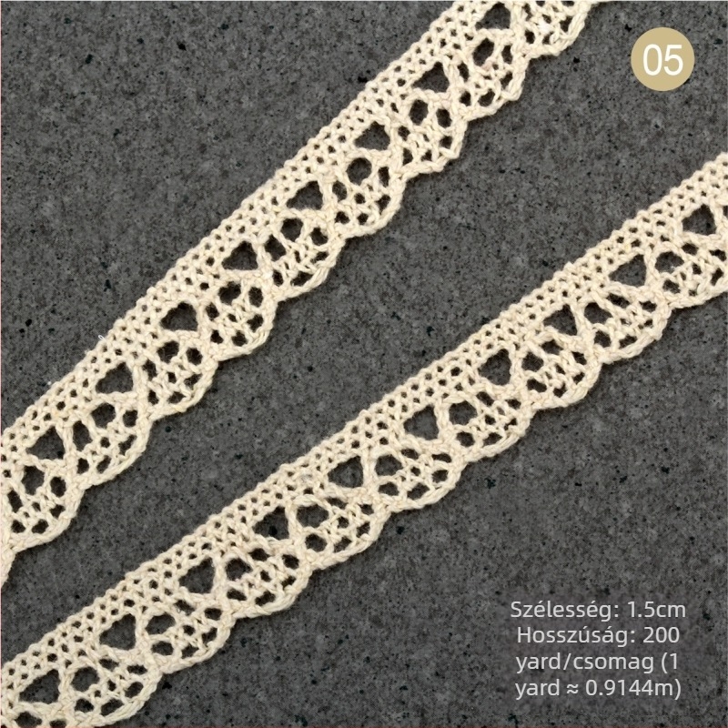 Természetes bézs pamut fonal csipke szalag, etno stílus, szélesség 1,5–2,5 cm és 3 cm