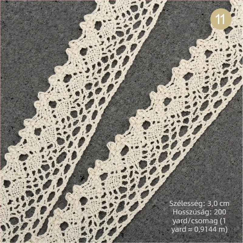 Természetes bézs pamut fonal csipke szalag, etno stílus, szélesség 1,5–2,5 cm és 3 cm
