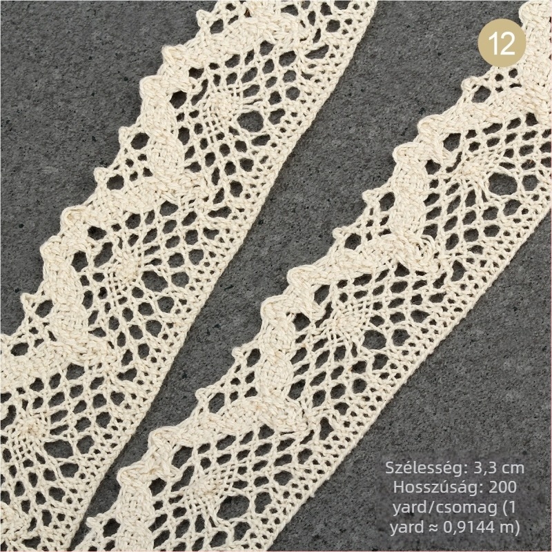 Természetes bézs pamut fonal csipke szalag, etno stílus, szélesség 1,5–2,5 cm és 3 cm