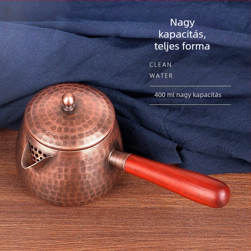 Kézzel készített tiszta réz pohár és teáskanna, kínai stílus, nagy kapacitás, kalapált mintázat, oldalsó fogantyú