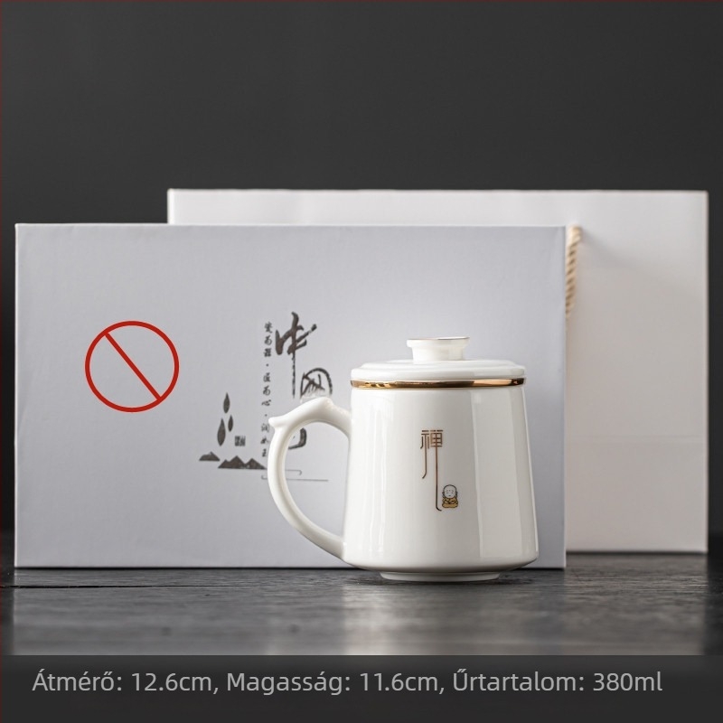 Fehér porcelán teás pohár fedéllel és beépített szűrővel