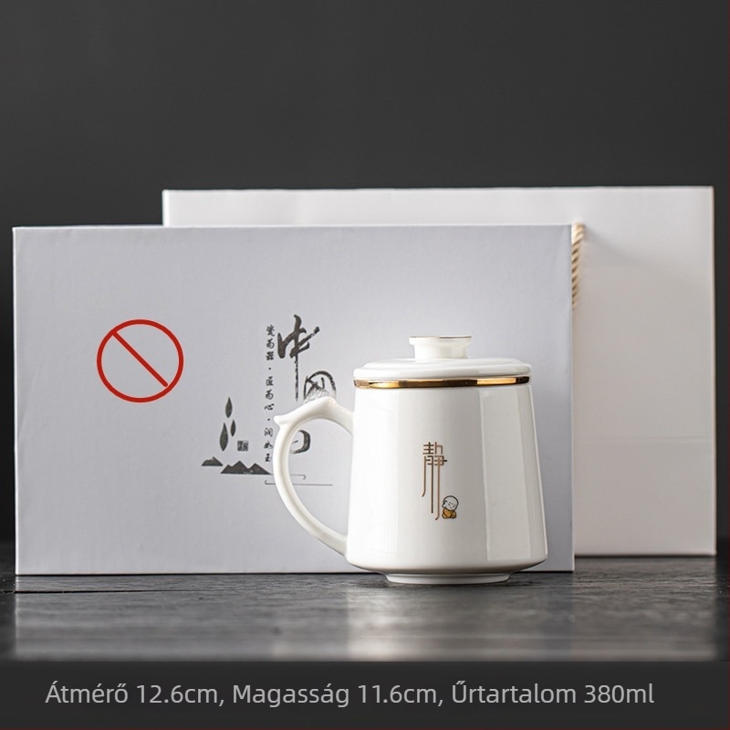 Fehér porcelán teás pohár fedéllel és beépített szűrővel