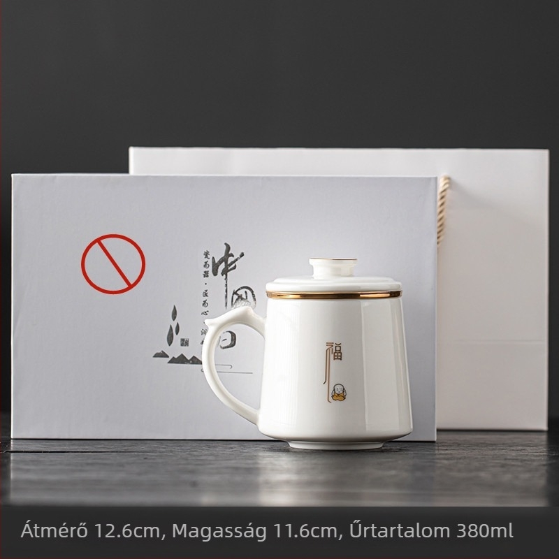 Fehér porcelán teás pohár fedéllel és beépített szűrővel