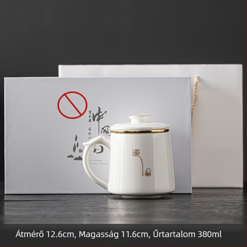 Fehér porcelán teás pohár fedéllel és beépített szűrővel