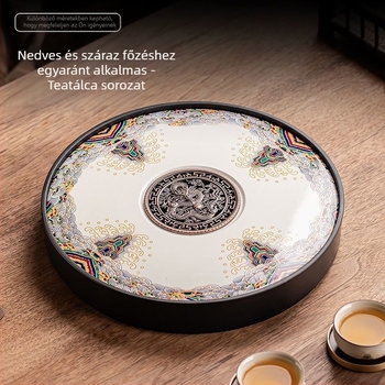 Porcelán kör teás tálca – kerámia teás tálca otthonra és irodára, kettős használat Kung Fu teás készlethez