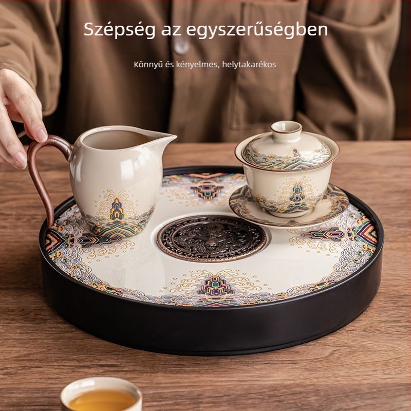 Porcelán kör teás tálca – kerámia teás tálca otthonra és irodára, kettős használat Kung Fu teás készlethez