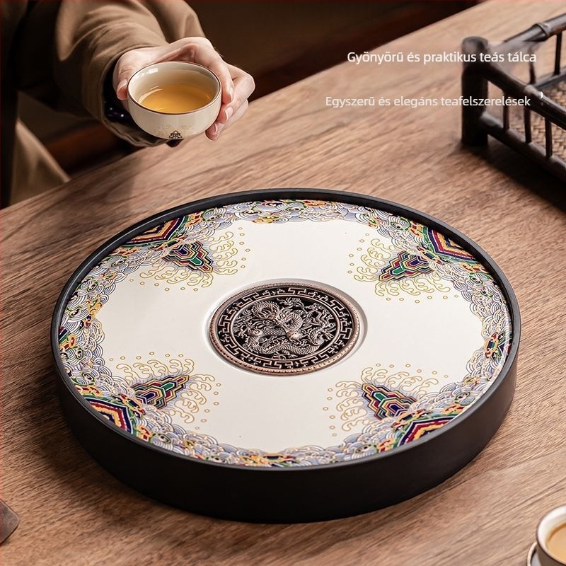 Porcelán kör teás tálca – kerámia teás tálca otthonra és irodára, kettős használat Kung Fu teás készlethez