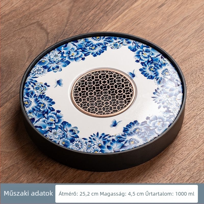 Porcelán kör teás tálca – kerámia teás tálca otthonra és irodára, kettős használat Kung Fu teás készlethez