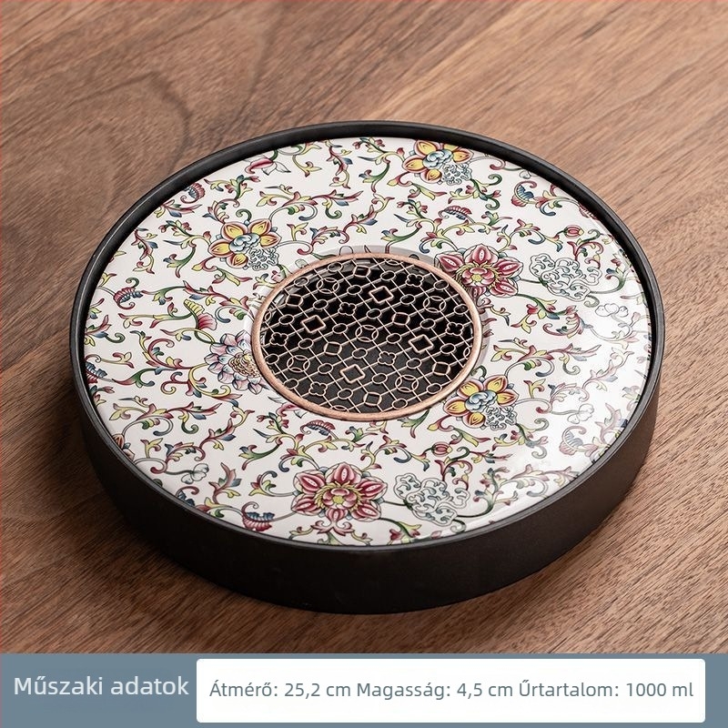 Porcelán kör teás tálca – kerámia teás tálca otthonra és irodára, kettős használat Kung Fu teás készlethez