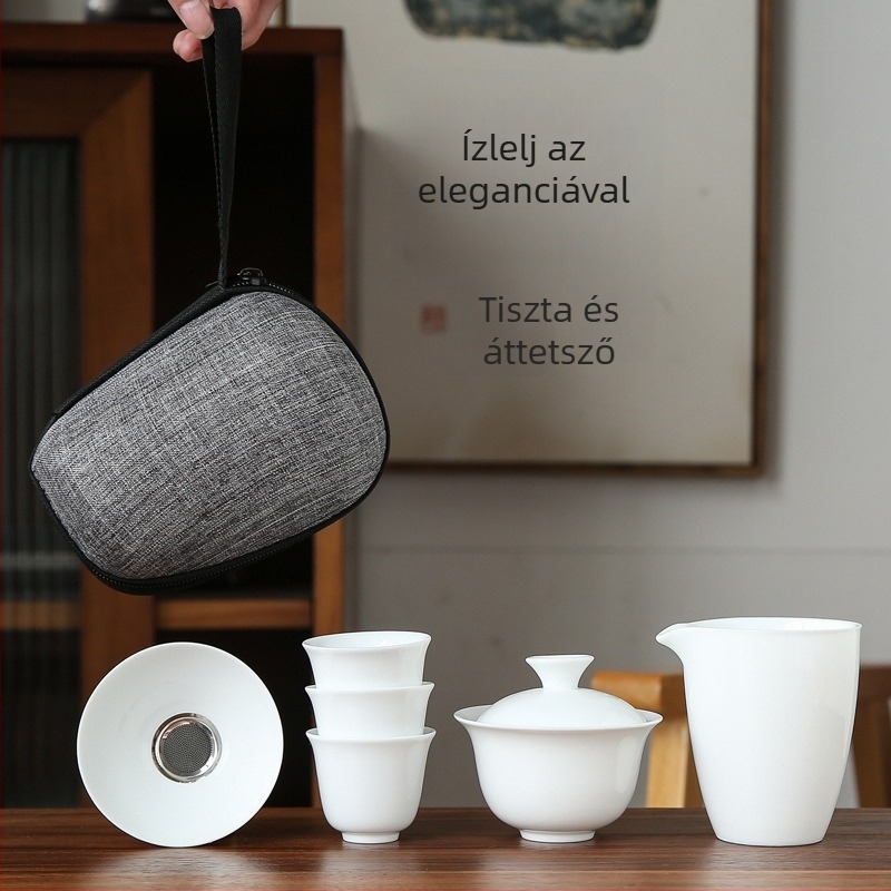 Fehér porcelán kungfu teáskészlet utazáshoz, hordozható táskával, egy tál és négy üvegpohárral, logó testreszabási lehetőséggel