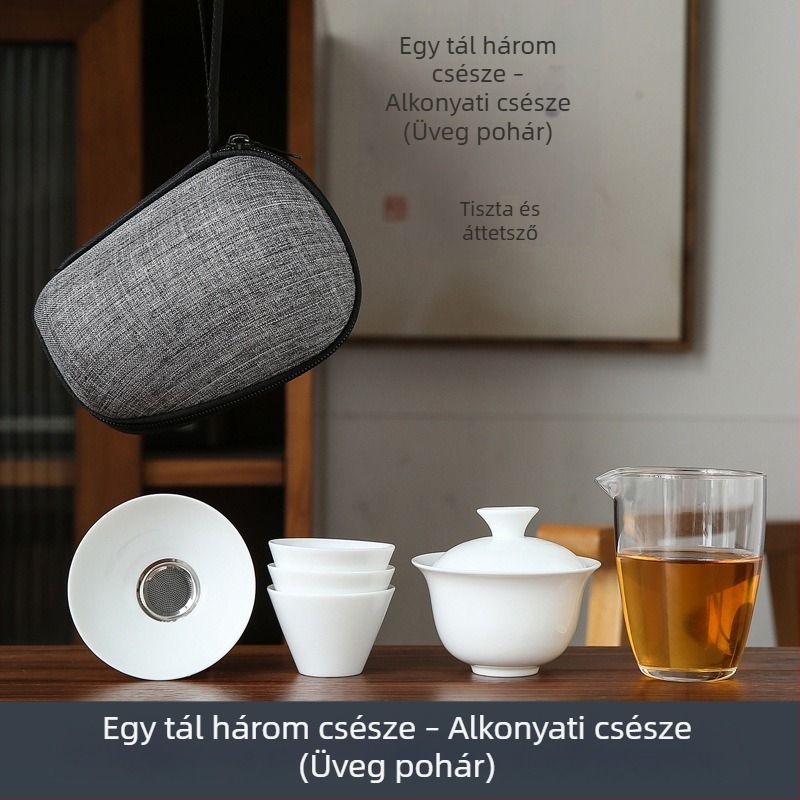 Fehér porcelán kungfu teáskészlet utazáshoz, hordozható táskával, egy tál és négy üvegpohárral, logó testreszabási lehetőséggel