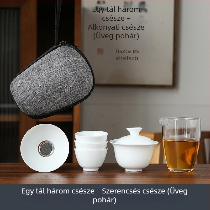 Fehér porcelán kungfu teáskészlet utazáshoz, hordozható táskával, egy tál és négy üvegpohárral, logó testreszabási lehetőséggel