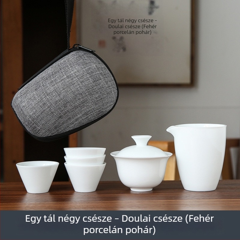 Fehér porcelán kungfu teáskészlet utazáshoz, hordozható táskával, egy tál és négy üvegpohárral, logó testreszabási lehetőséggel