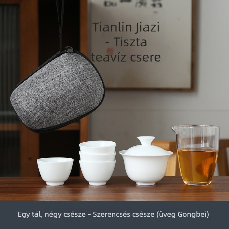 Fehér porcelán kungfu teáskészlet utazáshoz, hordozható táskával, egy tál és négy üvegpohárral, logó testreszabási lehetőséggel