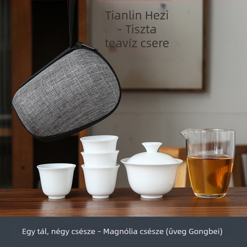 Fehér porcelán kungfu teáskészlet utazáshoz, hordozható táskával, egy tál és négy üvegpohárral, logó testreszabási lehetőséggel