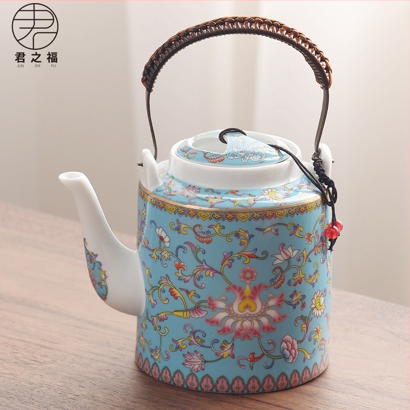 Emailezett kerámia teáskanna, nagy kapacitású, fehér porcelán, szűrővel
