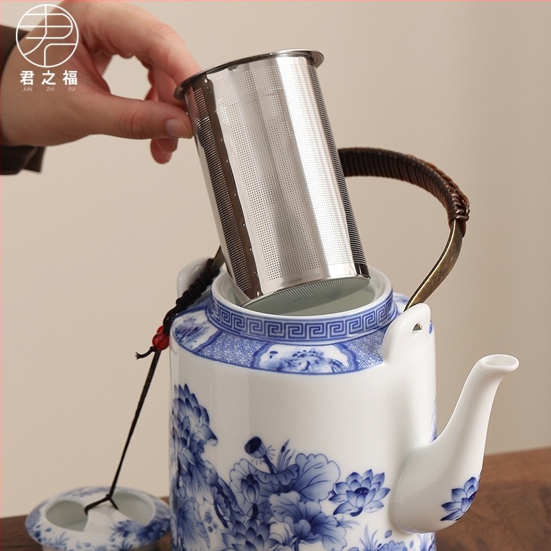 Emailezett kerámia teáskanna, nagy kapacitású, fehér porcelán, szűrővel