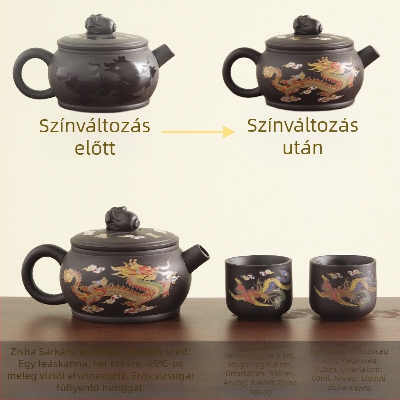 Kézzel készült Yixing Zisha Kung Fu teáskészlet, hő hatására színváltozás, egy teáskanna és két csésze, háztartási használatra