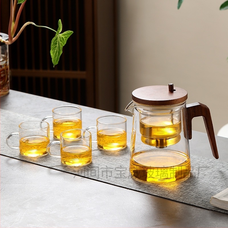 Hőálló üveg teáskanna egygombos nyomófiltrrel, tea és víz szétválasztásához, modern otthoni dizájn