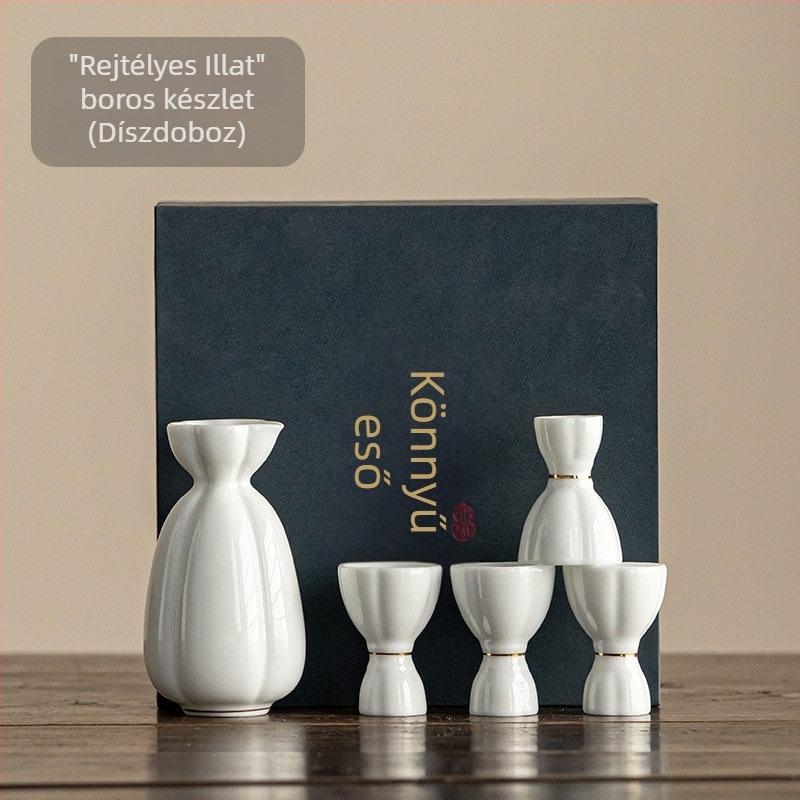 Porcelánból készült japán stílusú kis borospohár készlet, porcelán likőr adagolóval és ajándékdobozban, retro stílus