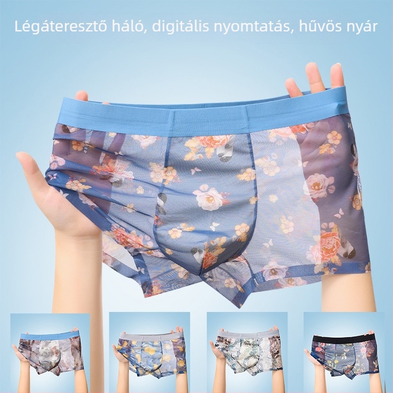 Férfi könnyű, anime és virág mintás hálózati boxeralsó, lélegző, gyorsan száradó, plusz méret, nyári trend
