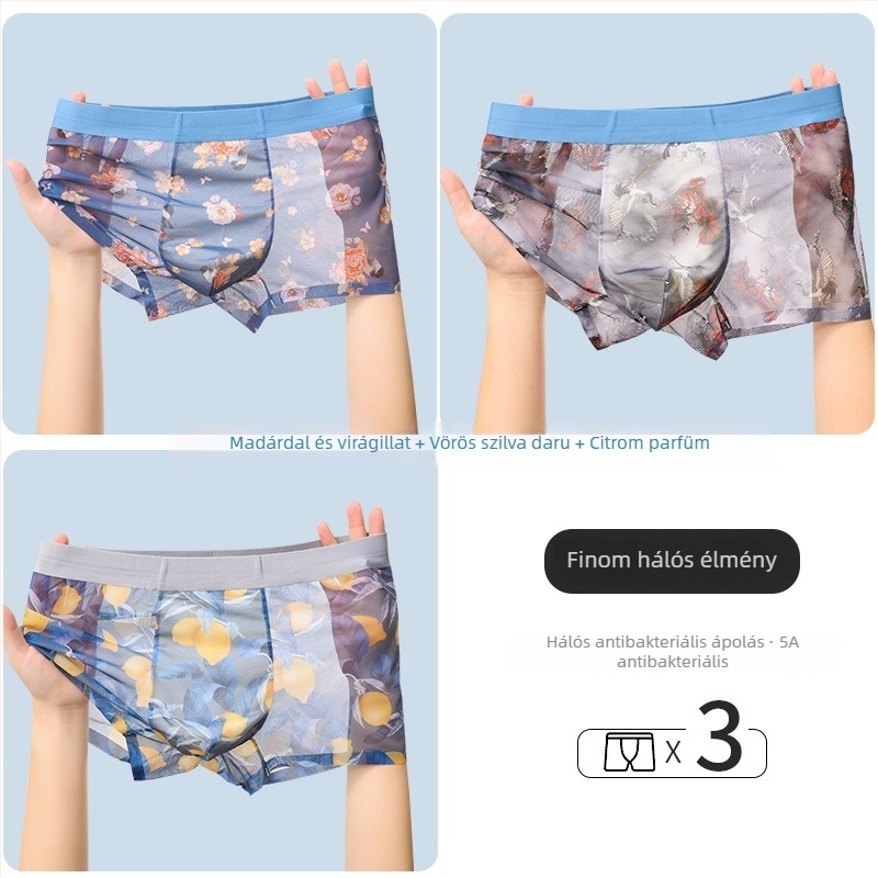 Férfi könnyű, anime és virág mintás hálózati boxeralsó, lélegző, gyorsan száradó, plusz méret, nyári trend