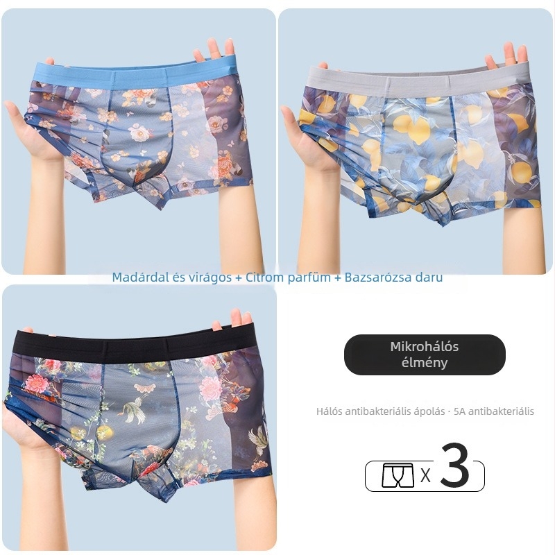 Férfi könnyű, anime és virág mintás hálózati boxeralsó, lélegző, gyorsan száradó, plusz méret, nyári trend