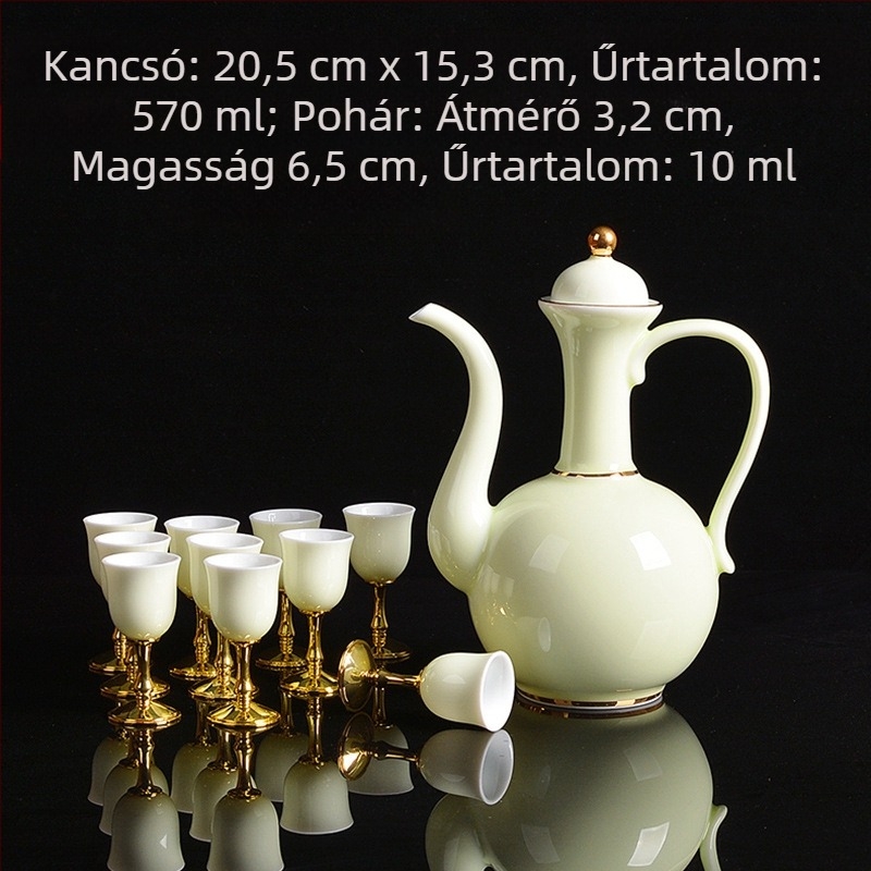 Fehér porcelán borkészlet antik stílusú adagolóval, kis pohárral és kerámia kancsóval – prémium ajándék otthonra