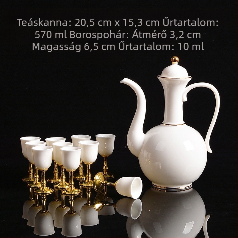 Fehér porcelán borkészlet antik stílusú adagolóval, kis pohárral és kerámia kancsóval – prémium ajándék otthonra