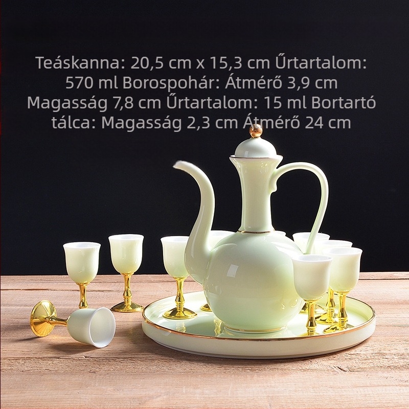 Fehér porcelán borkészlet antik stílusú adagolóval, kis pohárral és kerámia kancsóval – prémium ajándék otthonra