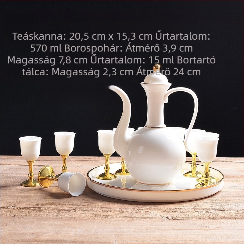 Fehér porcelán borkészlet antik stílusú adagolóval, kis pohárral és kerámia kancsóval – prémium ajándék otthonra