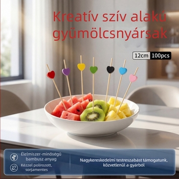 Szív alakú bambusz nyársak, egyszer használatosak, 100 darabos csomagban, gyümölcsökhez, sushihoz, desszertekhez, koktél dekorációhoz és tálaláshoz